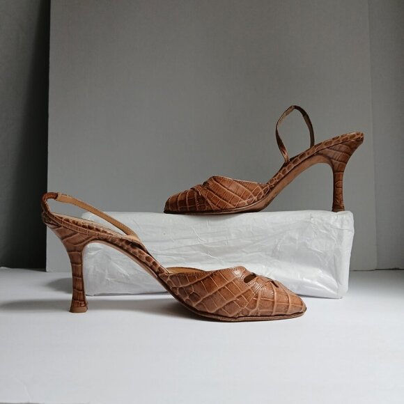 Brown Leather Reptile Print Cut Out PeepToe Sling-Back High Kitten heels Sz 8.5 - Picture 4 of 9